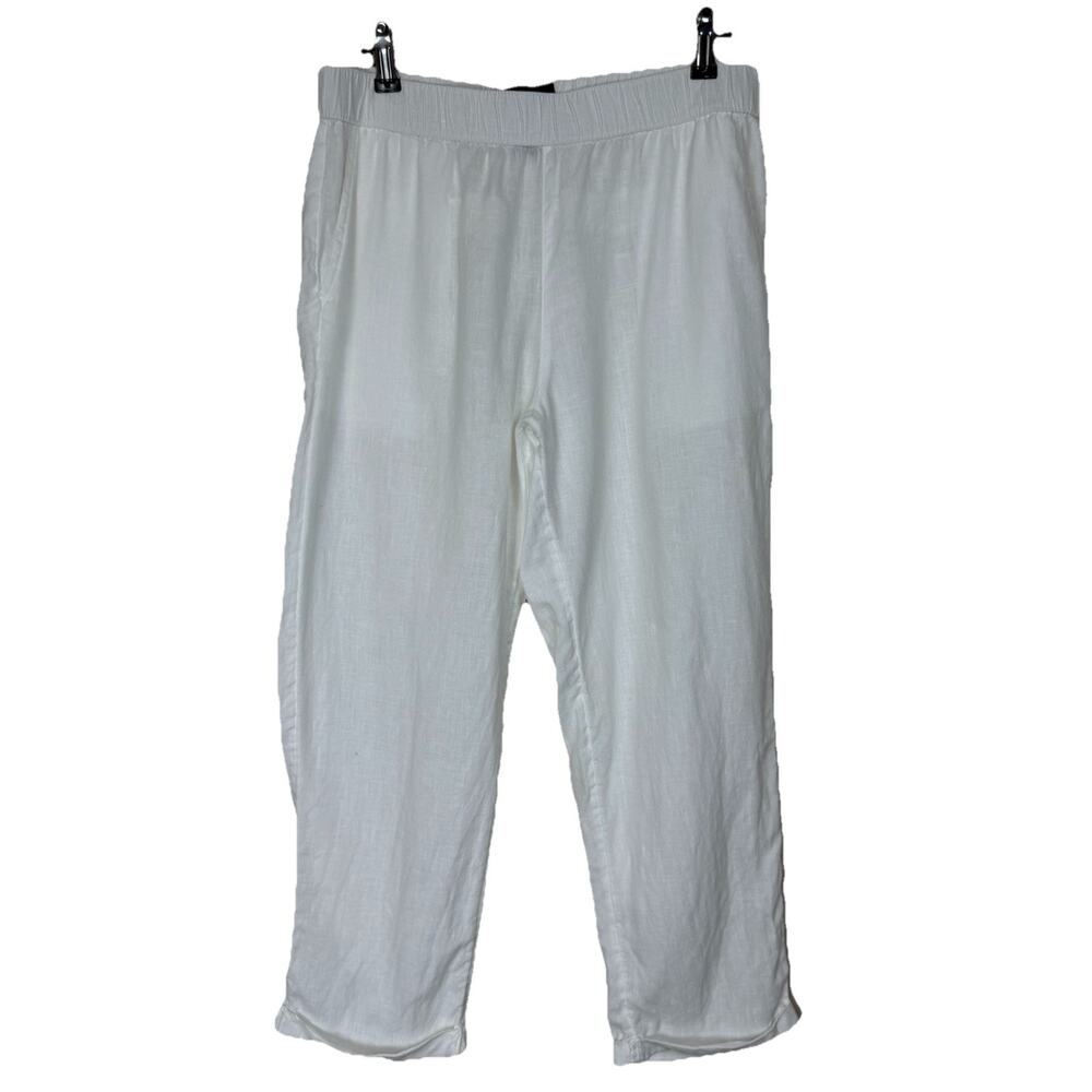 Rachel Roy 100% Linen Crop Pants M White Pullon Elastic Waist Beach Casual